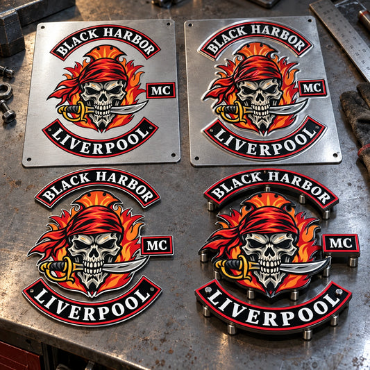 Printed embossed die-cut and layered motorcycle club metal sign construction samples.