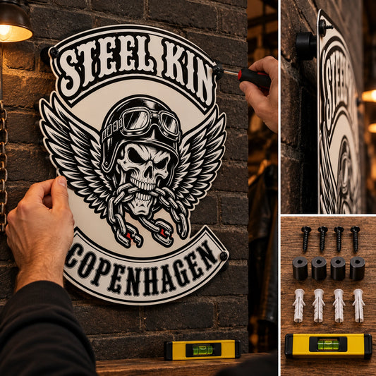 Motorcycle club wall sign being installed with pre-drilled holes screws and spacers.