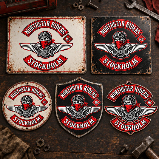 Motorcycle club metal signs shown in rectangular round shield and custom-cut shapes.