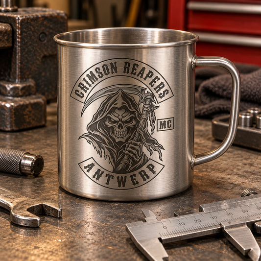 Single-wall camp mug profile on inspection table displaying an authorized logo for a custom motorcycle club metal mug project.
