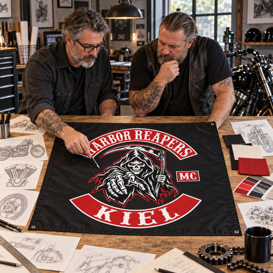 A designer and mature rider review Harbor Reapers square flag artwork in an industrial motorcycle studio.