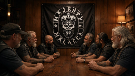 Mature motorcycle club members meet beneath a custom square flag in their warm chapter room.
