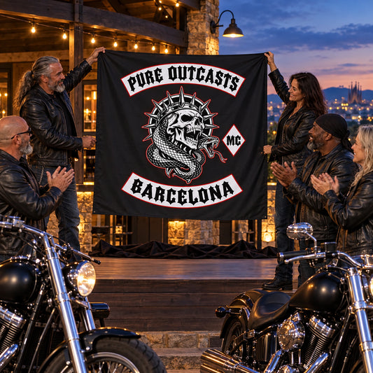 Motorcycle club officers unveil a Pure Outcasts square flag during an anniversary celebration.