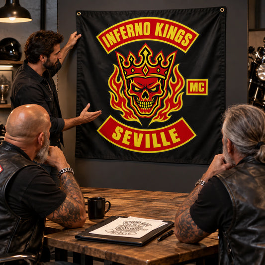 A designer presents a custom Inferno Kings square flag concept to mature motorcycle club riders.