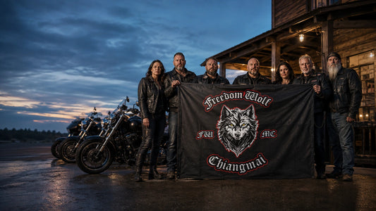 Mature motorcycle club riders hold a custom square flag beside parked V-twin motorcycles at blue hour.