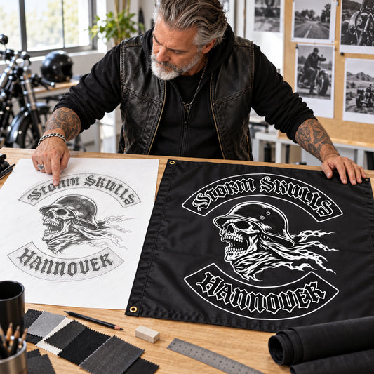 A mature rider compares a sketch with a polished Storm Skulls square flag design.