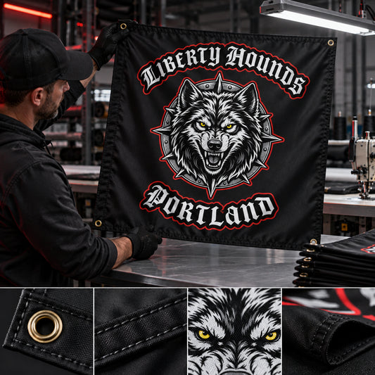 A technician checks the print detail, stitched edge and grommets on a custom Liberty Hounds motorcycle club square flag.