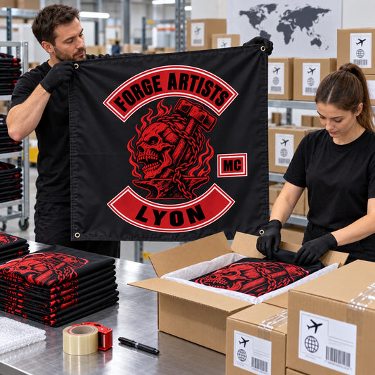Fulfillment staff inspect and pack finished Forge Artists square motorcycle club flags for shipping.