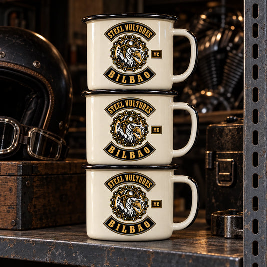 Stackable metal mugs for clubhouse storage displaying an authorized logo for a custom motorcycle club metal mug project.