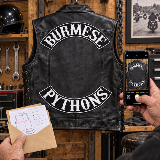 Motorcycle club product: Customer photographing a complete motorcycle vest to send club details for a rocker quote.