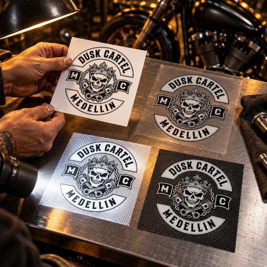 Production specialist comparing vinyl, transparent and reflective motorcycle club sticker material swatches under inspection lights.