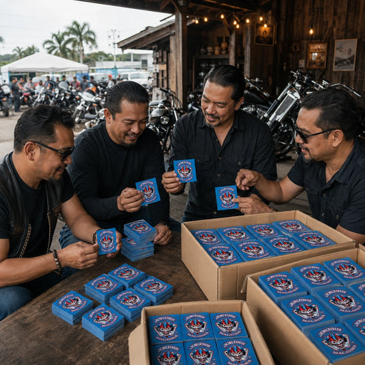 Club officers comparing small chapter sticker packs with bulk motorcycle rally boxes at an event staging area.
