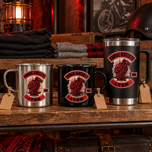 Clubhouse merchandise shelf with coordinated metal mugs displaying an authorized logo for a custom motorcycle club metal mug project.