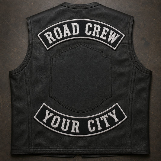 Custom motorcycle club top and bottom rocker pair framing a neutral blank center-patch area.