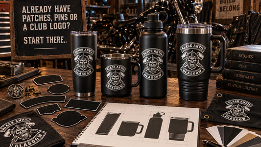 Motorcycle club artwork references being adapted for a custom tumbler.