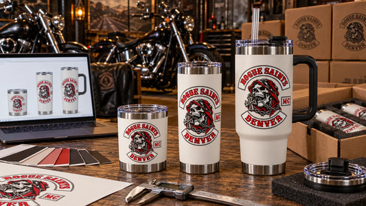 Custom motorcycle club tumbler sample being checked before bulk production.