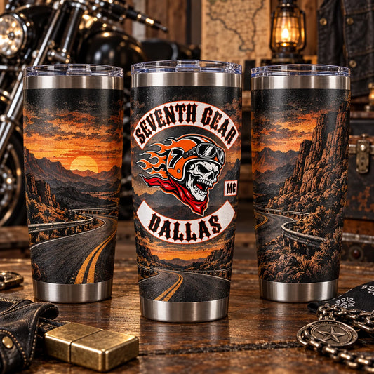 Full-wrap motorcycle club tumbler artwork shown around the product.