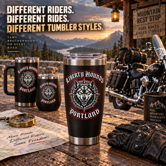 Large-capacity motorcycle club tumbler prepared for long-distance touring.