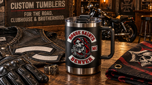 Custom motorcycle club tumbler coordinated with club gear on a clubhouse table.