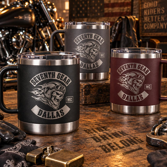 Powder-coated motorcycle club tumblers in dark club-ready colors.