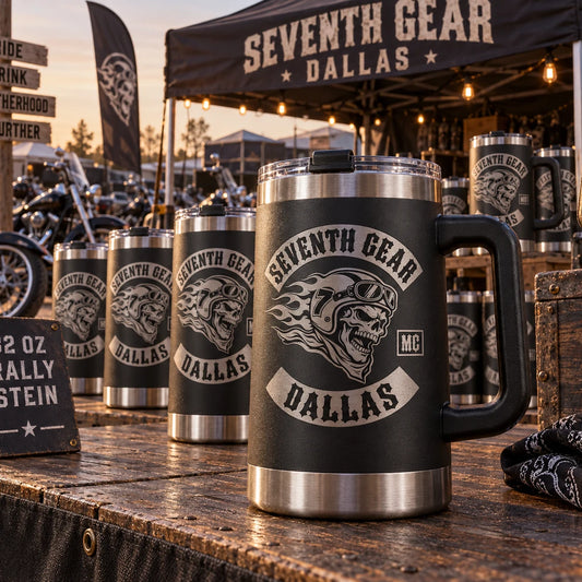 Custom motorcycle rally tumblers displayed at an outdoor event.