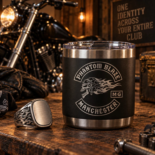 Motorcycle club ring and tumbler presented as coordinated member gear.