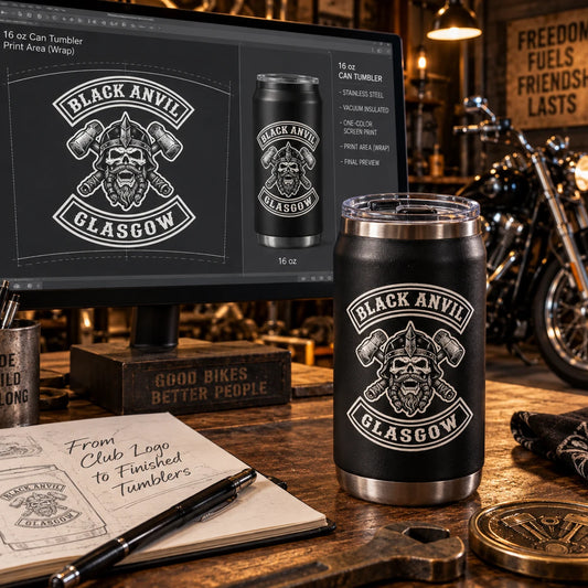 Step three: free design support for a motorcycle club tumbler.