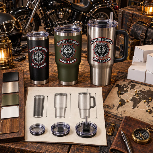 Step two: motorcycle club tumbler style, quantity and delivery details reviewed.