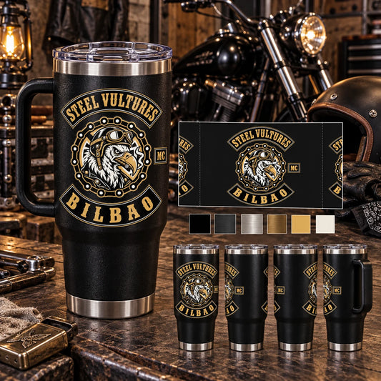 Step four: custom motorcycle club tumbler layout reviewed before approval.