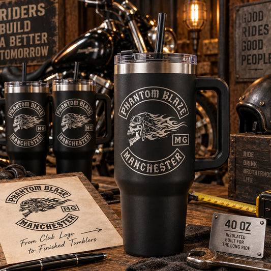 Step five: custom motorcycle club tumbler sample inspected for approval.