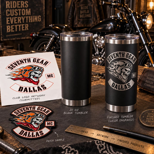 Step one: motorcycle club artwork submitted for a custom tumbler.