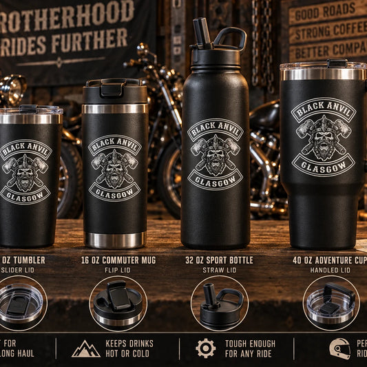 Motorcycle club tumbler lid and straw options arranged for comparison.