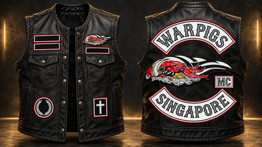 Solid black leather vest shown front and back with labeled patch zones shown for a custom motorcycle club patch system in studio garment diagram with no people.