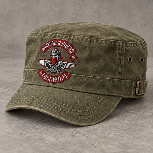 Olive drab washed cotton cadet cap with short brim and authorized club emblem.