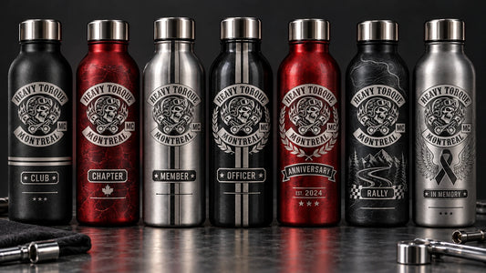 Coordinated motorcycle club water bottle editions for members, chapters and events.