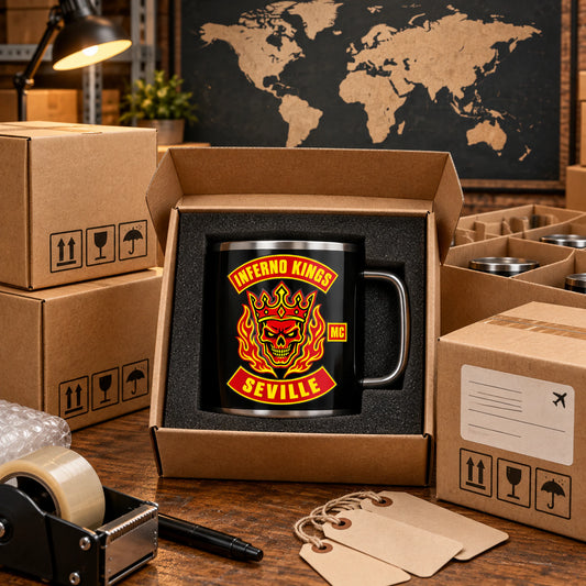 Protective packing station with individual mug cartons and unlabeled world map displaying an authorized logo for a custom motorcycle club metal mug project.