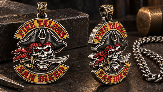 Fire Talons motorcycle club zinc alloy pendant showing side thickness, articulated bail and chain fit.