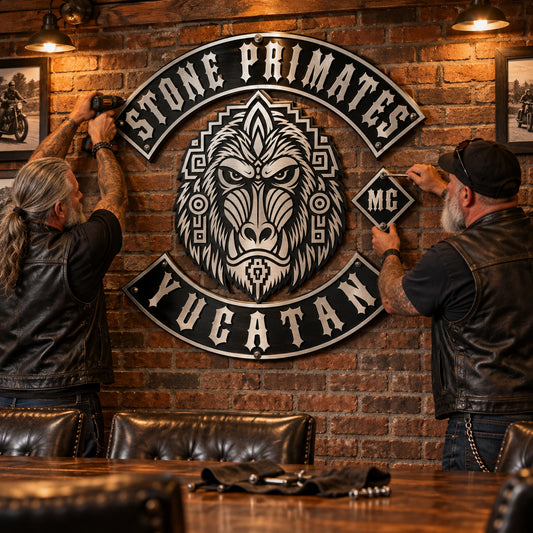 Motorcycle club members mounting a custom chapter logo sign on their permanent clubhouse wall.