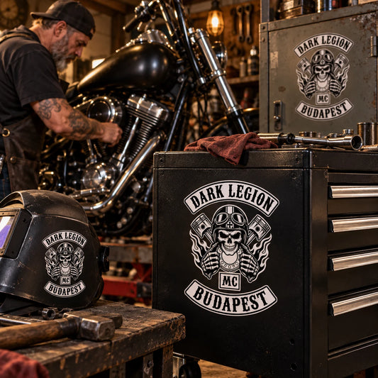 Club mechanic working in a warm clubhouse garage with custom club stickers on the toolbox and equipment cabinet.
