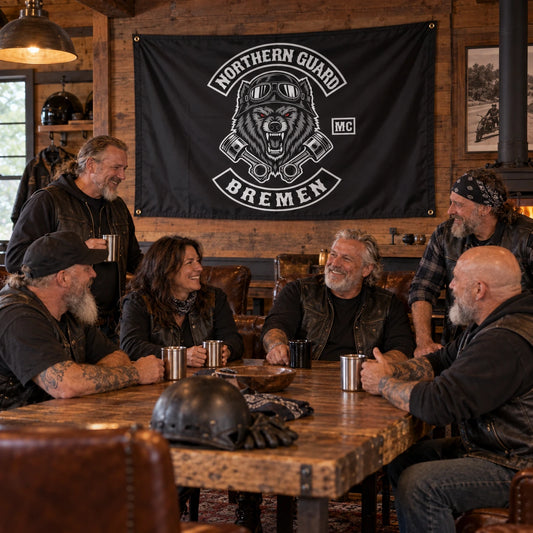 Motorcycle club members use a custom rectangular flag for motorcycle clubhouse displays in a realistic American V-twin setting.
