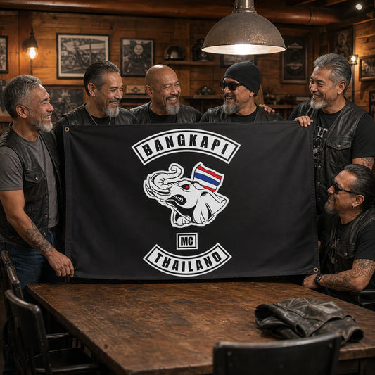 Motorcycle club members use a custom rectangular flag for motorcycle clubhouse displays in a realistic American V-twin setting.