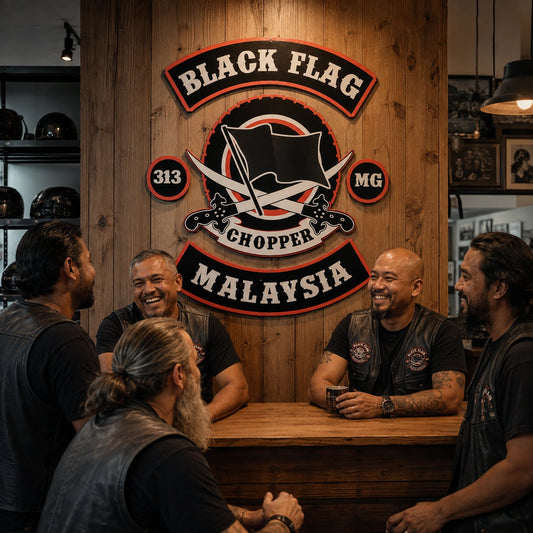 Motorcycle club metal sign used as the main visual centerpiece in a clubhouse gathering room.