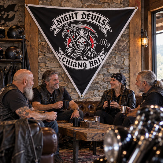 Three riders relax beneath a signature custom triangle flag on their motorcycle clubhouse wall.
