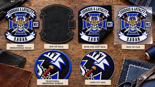 Custom motorcycle club event patch featuring the courage loyalty zadar logo for backing and border comparison.