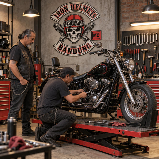 Custom motorcycle club metal sign displayed in a working garage beside members maintaining a V-twin motorcycle.