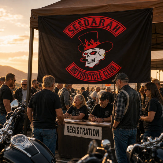 Mature V-twin riders gather at a rally tent displaying a custom horizontal motorcycle club flag.