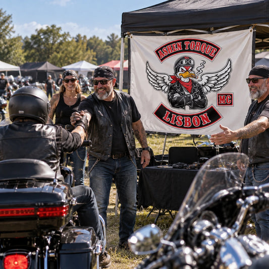 Motorcycle club members use a custom rectangular flag for motorcycle rally events in a realistic American V-twin setting.