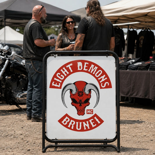 Portable motorcycle club metal sign providing chapter visibility at an independent rally booth.
