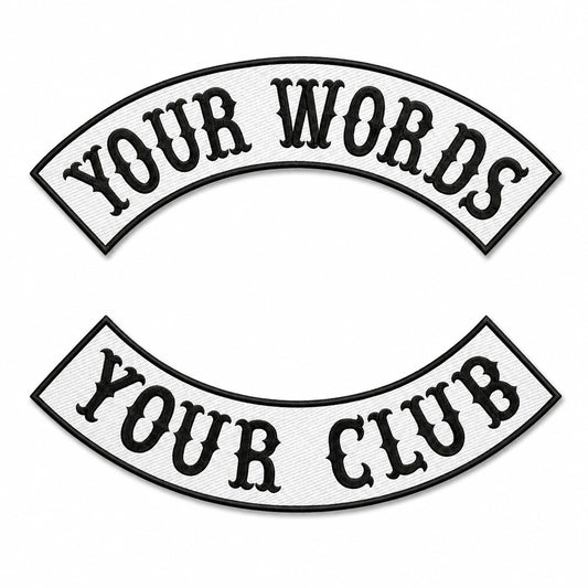 White custom top and bottom motorcycle rocker patches with black embroidered lettering and borders.