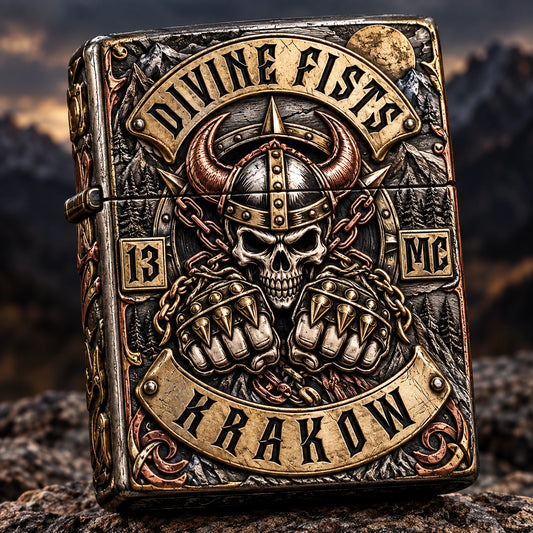 Multi-metal silver brass red copper and gold-plated motorcycle club lighter with authorized emblem